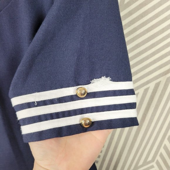 Vintage 90s Sailor Shirt Dress Size 12 Midi Navy Blue Embroidered Stripe Sheath - Picture 4 of 7